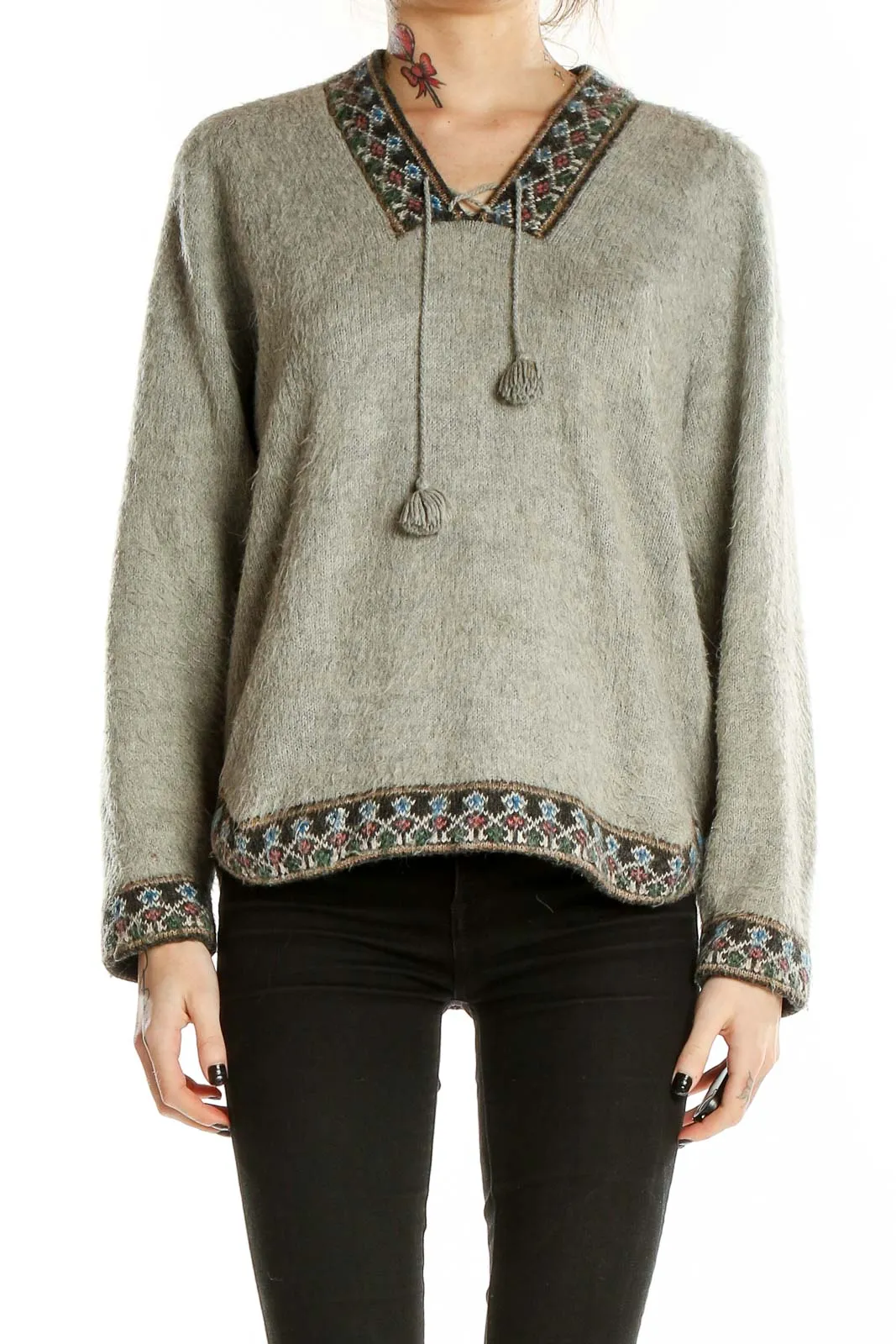 Gray Embroidered V-Neck Knit Sweater