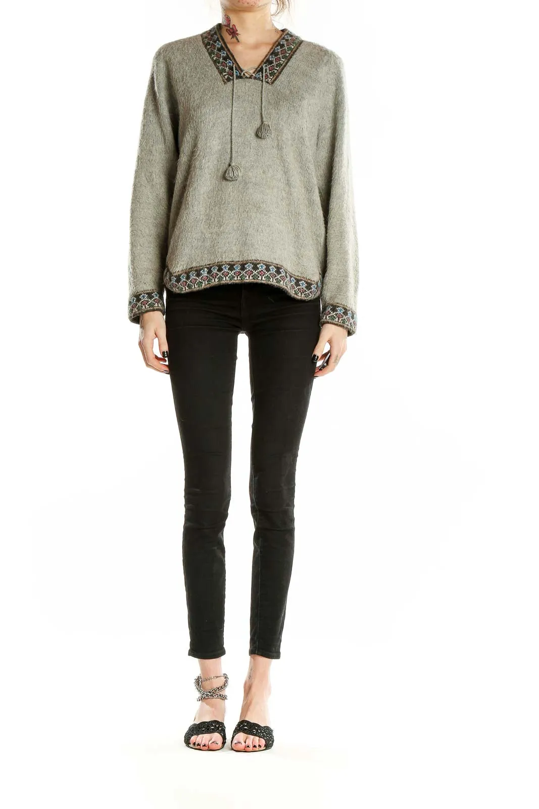 Gray Embroidered V-Neck Knit Sweater