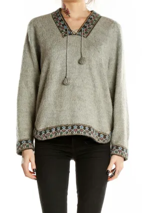 Gray Embroidered V-Neck Knit Sweater