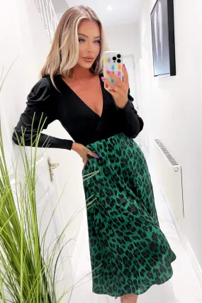 Green And Black Animal Print 2 In 1 Long Sleeve Wrap Midi Dress