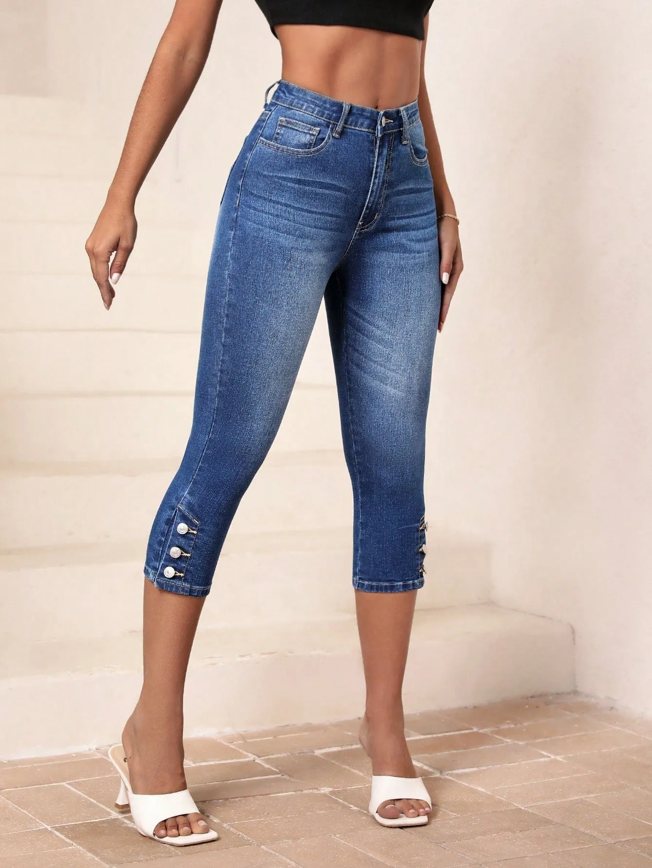 High Waist Button Hem Skinny Capri Jeans