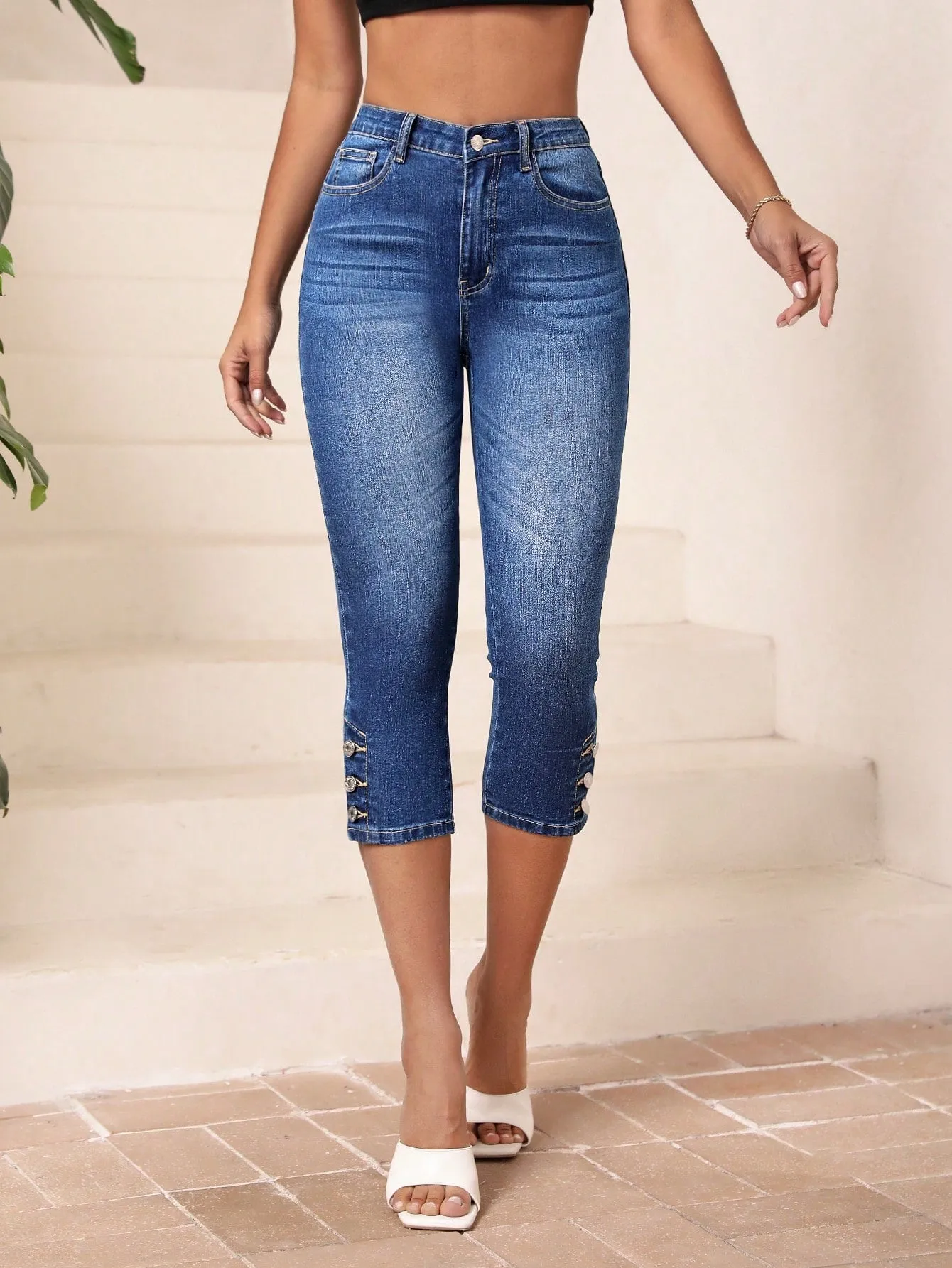 High Waist Button Hem Skinny Capri Jeans