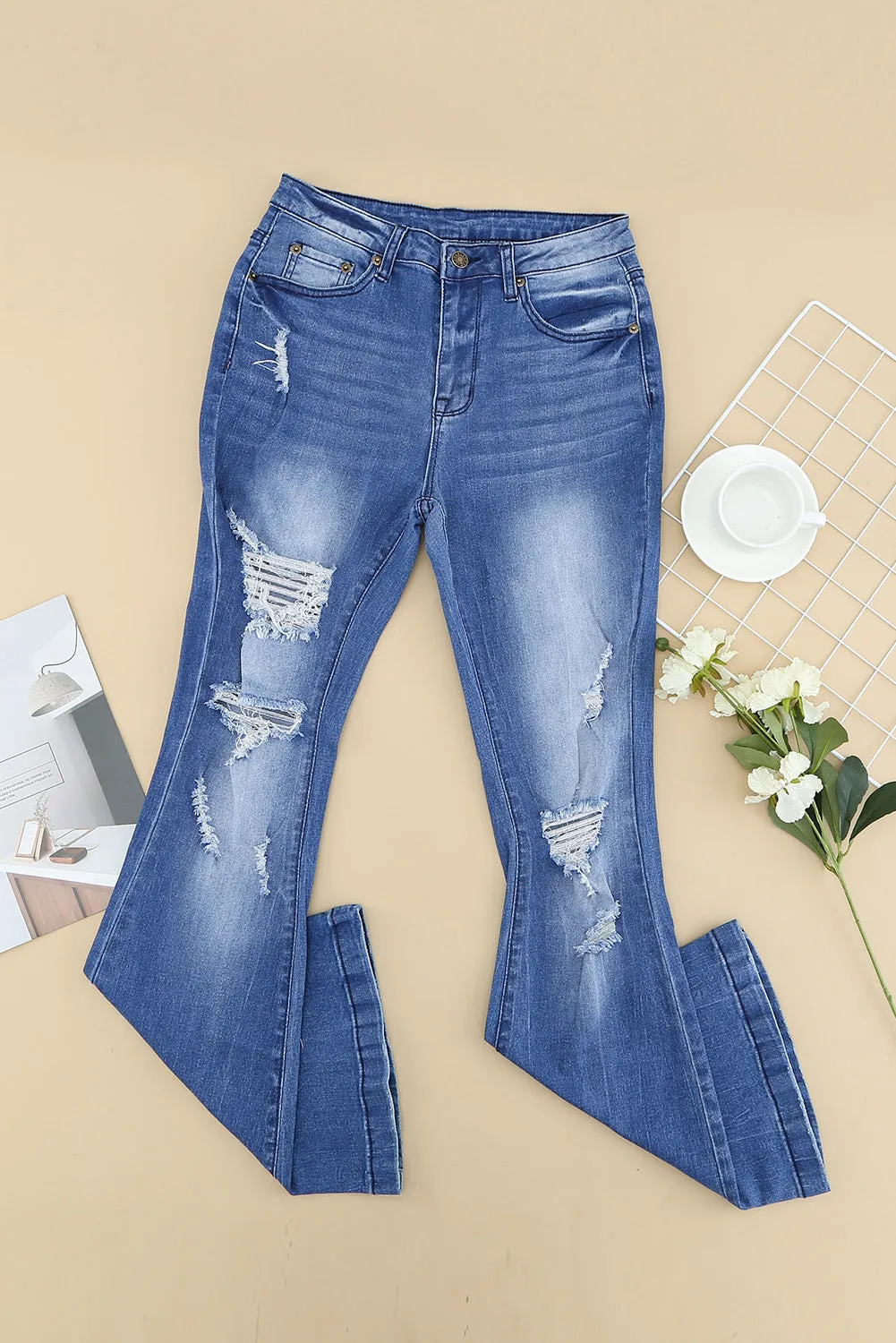 High Waist Distressed Flare Jeans