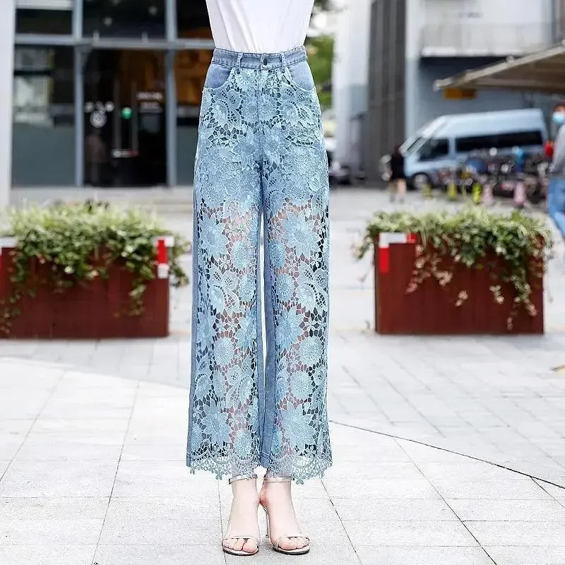 High Waist Patchwork Hollow Out Jeans