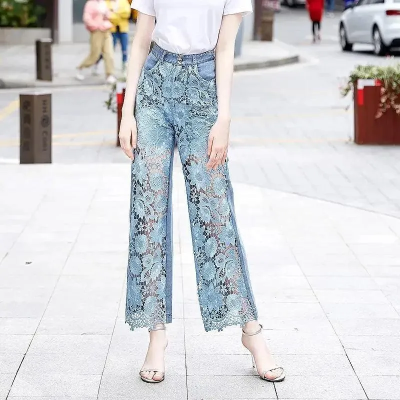 High Waist Patchwork Hollow Out Jeans