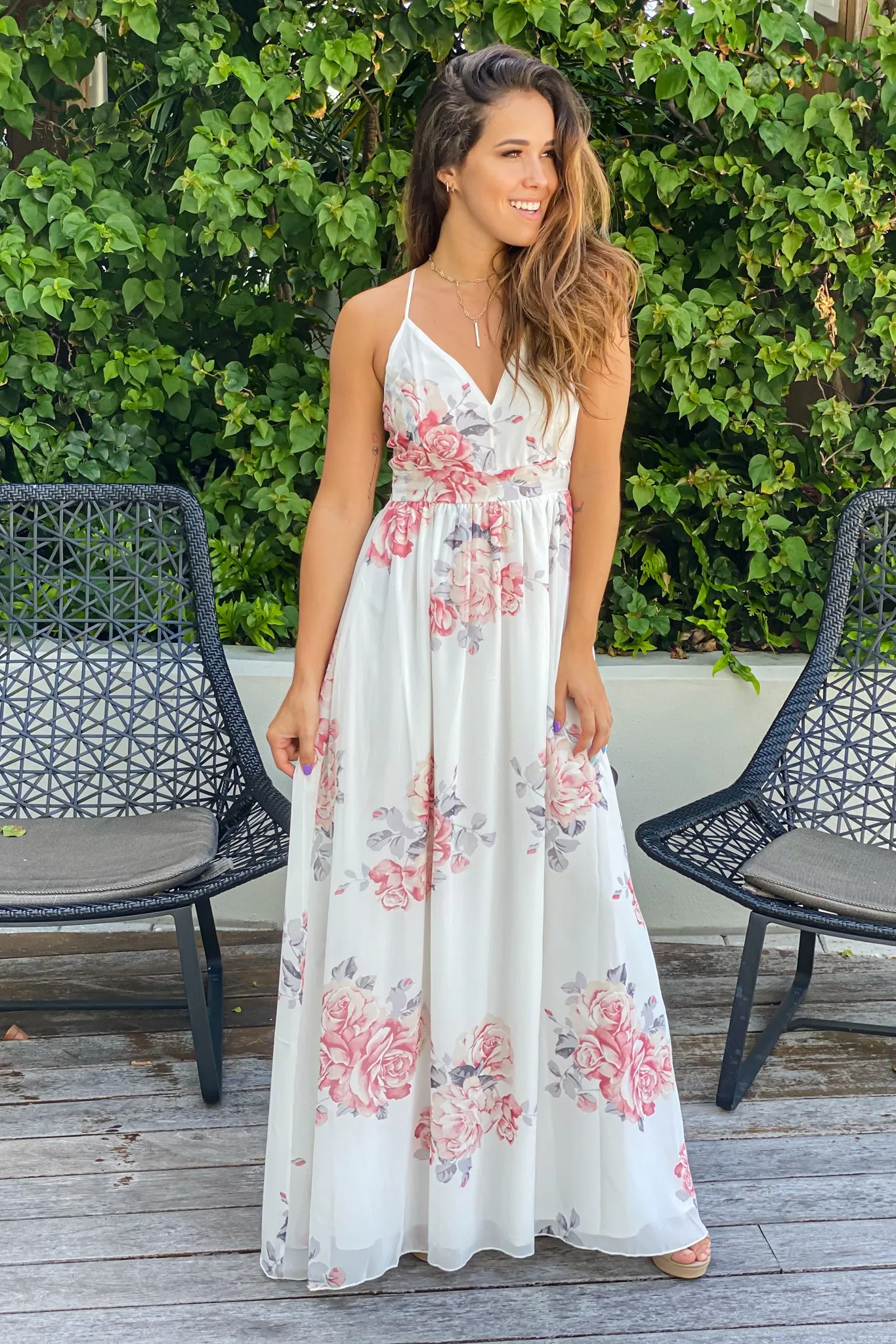 Ivory and Peach Floral Maxi Dress With Lace Back