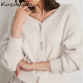 Joskaa Christmas Gift Kuzuwata 2024 Winter New Women Sweaters Japanese Temperament Open Stitch Solid V Neck Long Sleeve Button Knitted Warm Cardigan