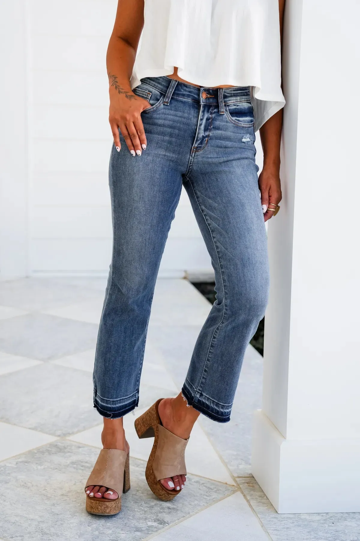 Judy Blue Medium Wash Released Hem Cropped Bootcut Jeans