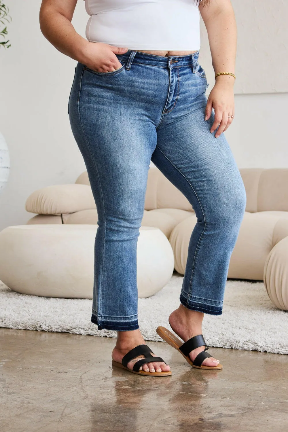 Judy Blue Medium Wash Released Hem Cropped Bootcut Jeans