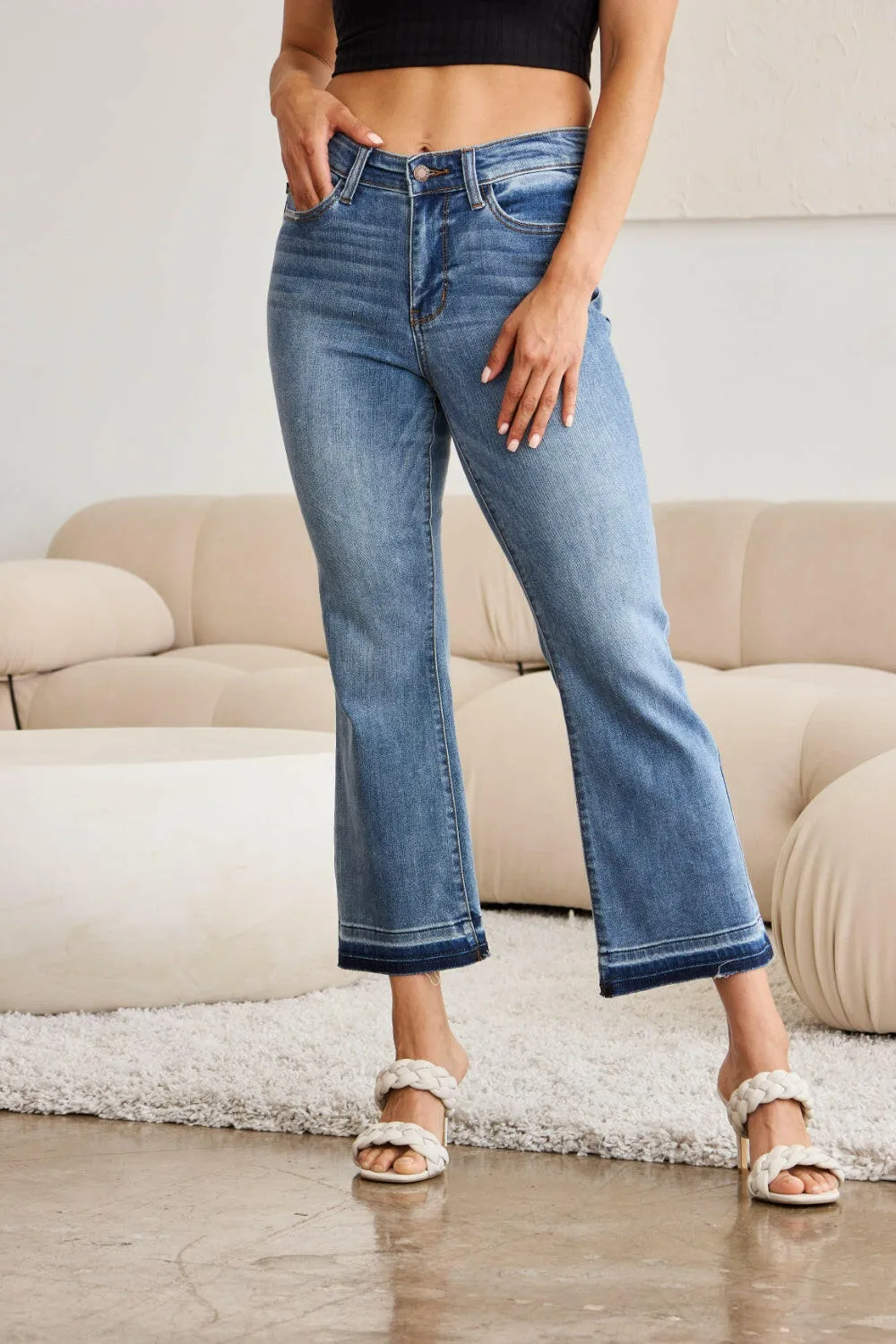 Judy Blue Medium Wash Released Hem Cropped Bootcut Jeans