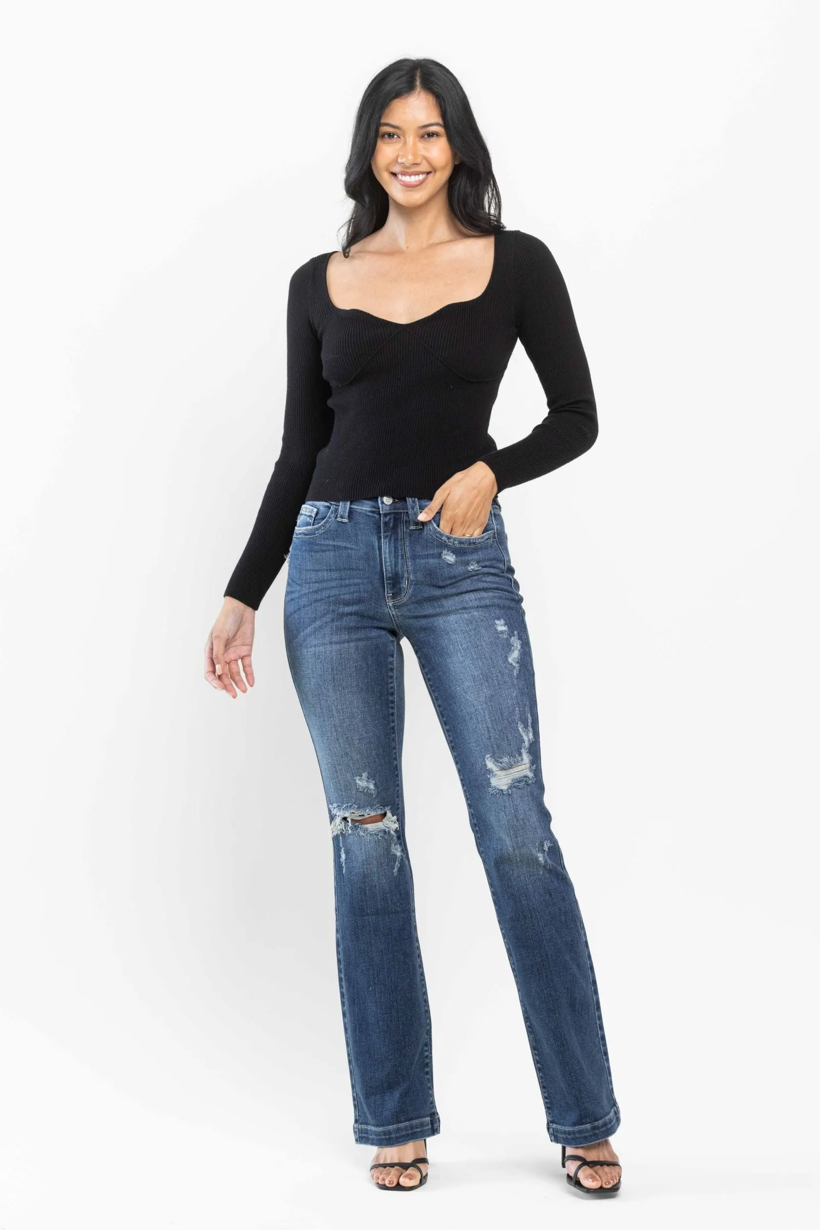 Judy Blue Mid Rise Hand Sand Destroyed Bootcut Jeans