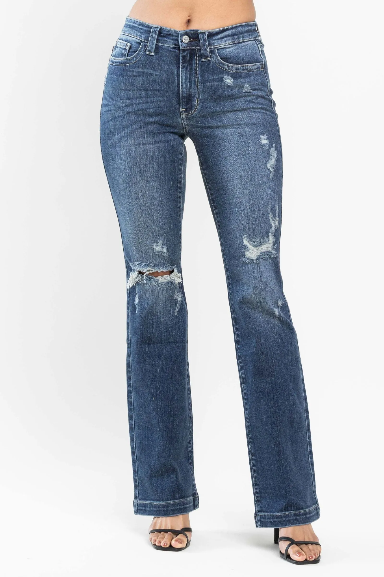 Judy Blue Mid Rise Hand Sand Destroyed Bootcut Jeans