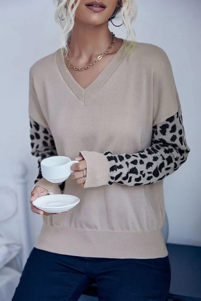 Khaki Leopard Sleeves V Neck Knit Sweaters