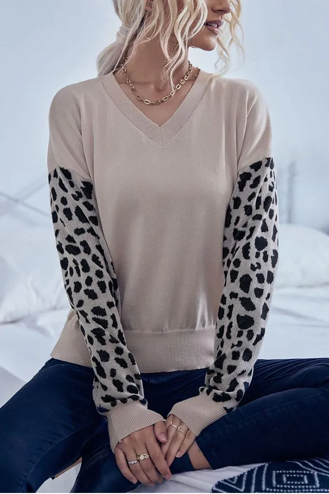 Khaki Leopard Sleeves V Neck Knit Sweaters