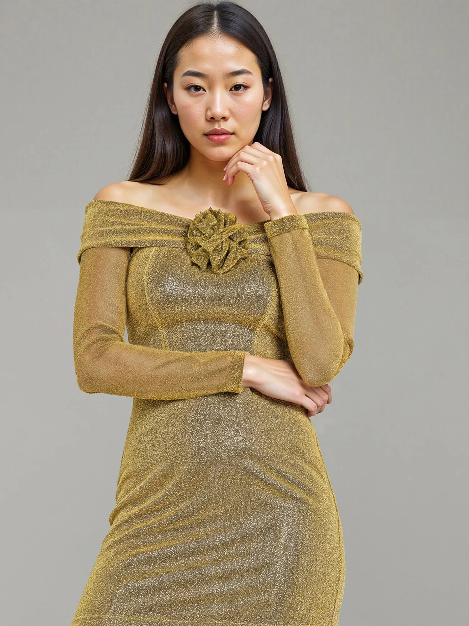 Long Sleeve Rosette Lurex Midi Dress