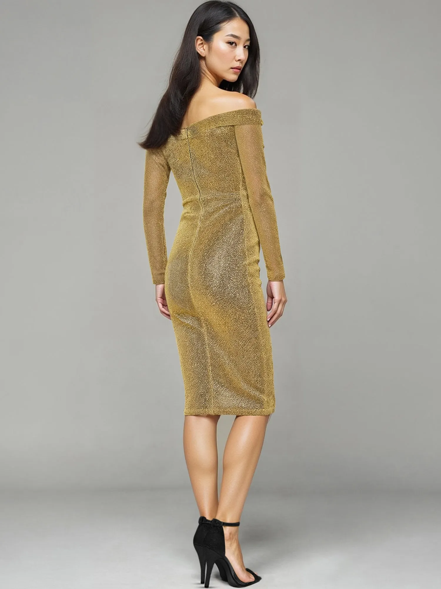 Long Sleeve Rosette Lurex Midi Dress