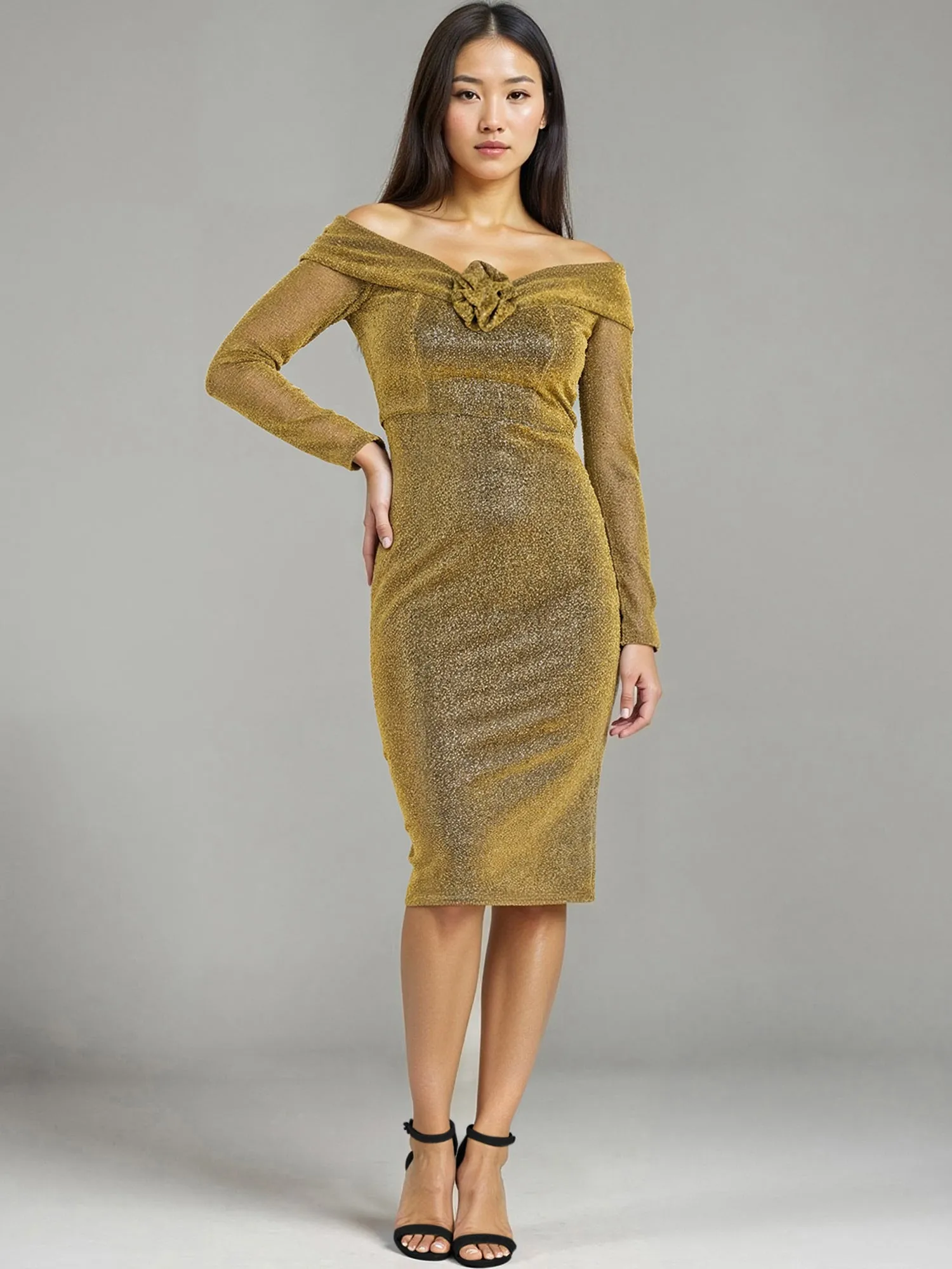 Long Sleeve Rosette Lurex Midi Dress