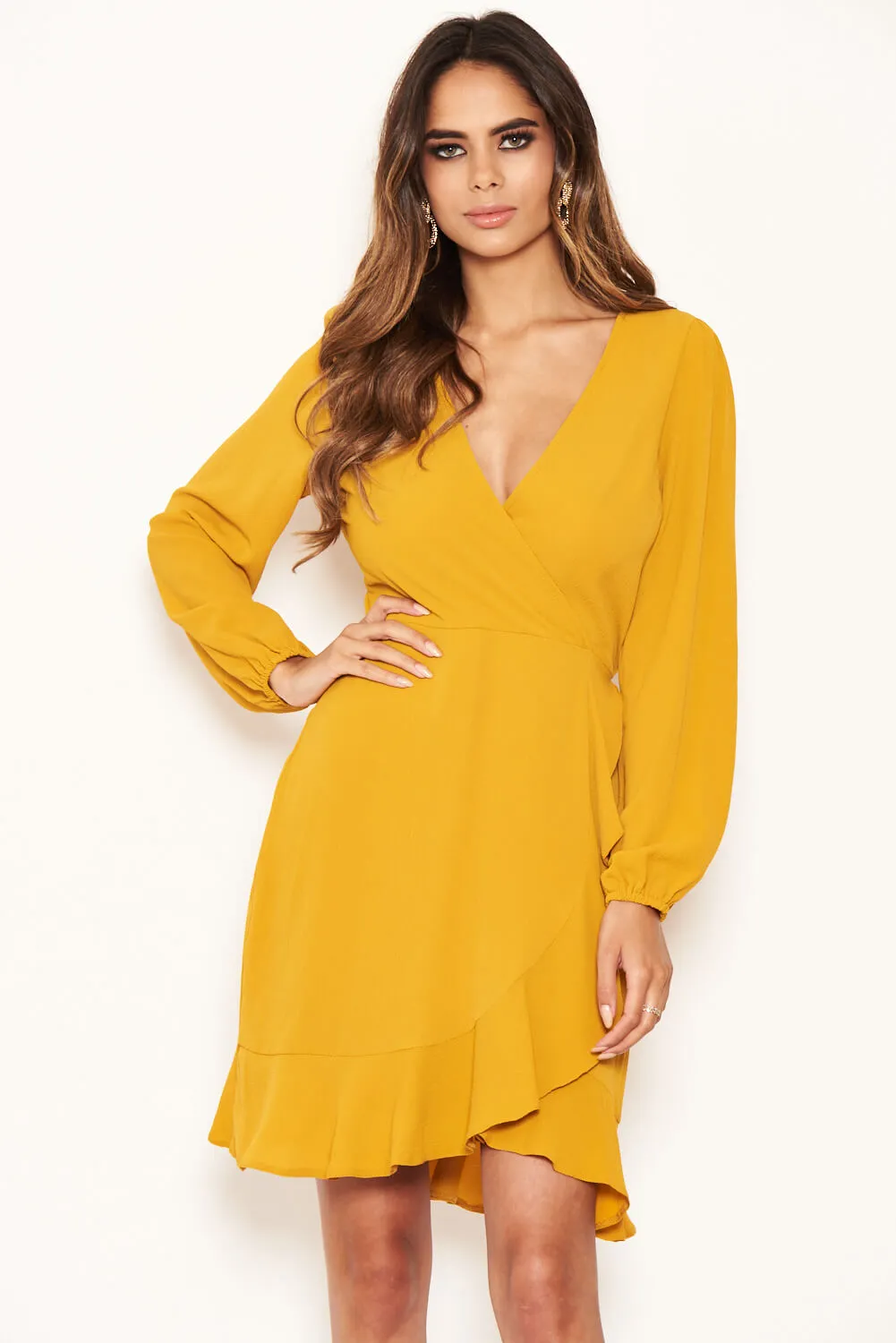 Mustard Frill Wrap Long Sleeve Dress