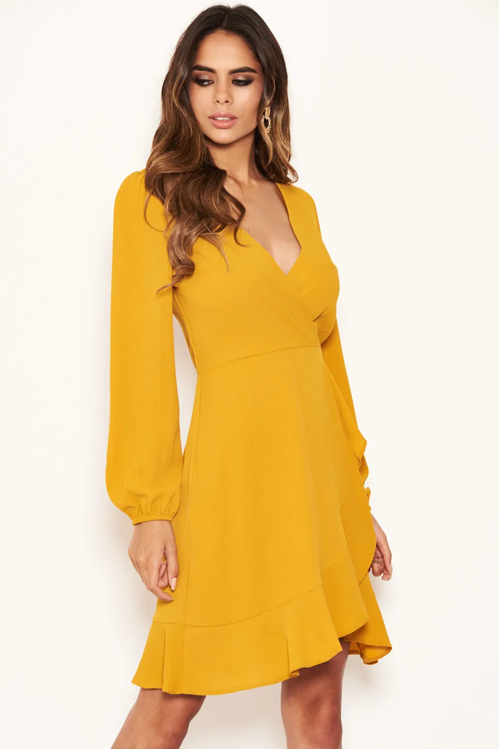 Mustard Frill Wrap Long Sleeve Dress