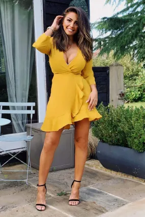 Mustard Frill Wrap Long Sleeve Dress