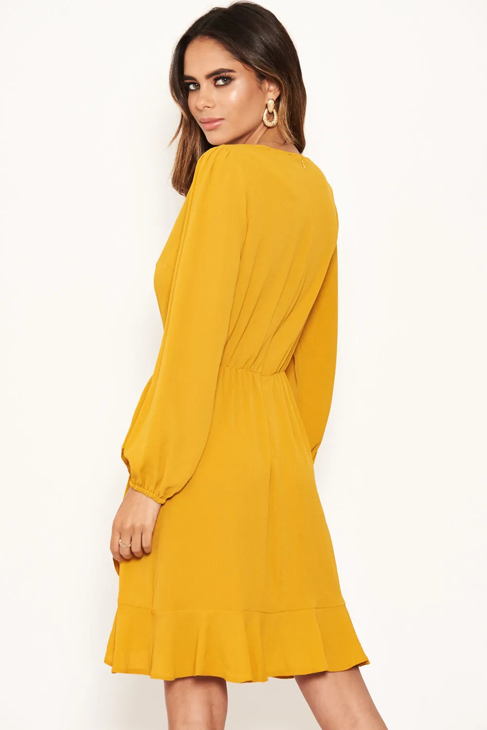 Mustard Frill Wrap Long Sleeve Dress