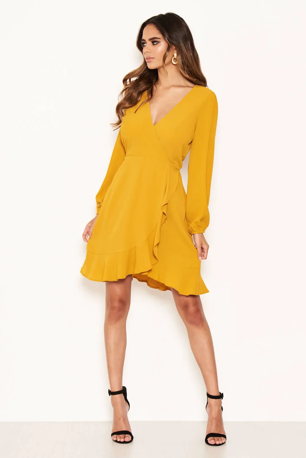 Mustard Frill Wrap Long Sleeve Dress