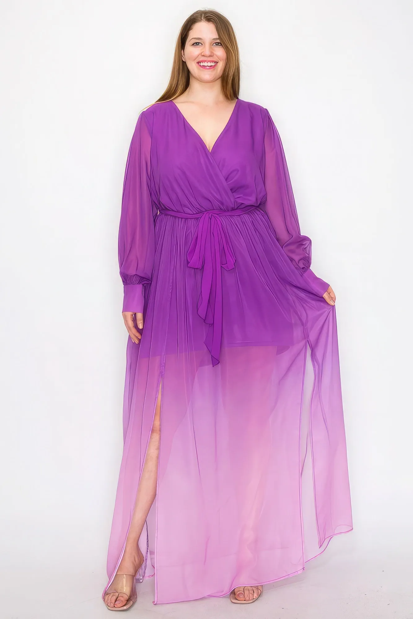 Ombre Chiffon Wrap Front Maxi Dress