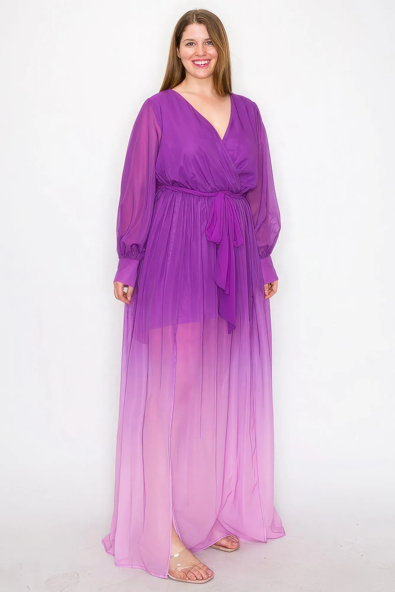 Ombre Chiffon Wrap Front Maxi Dress