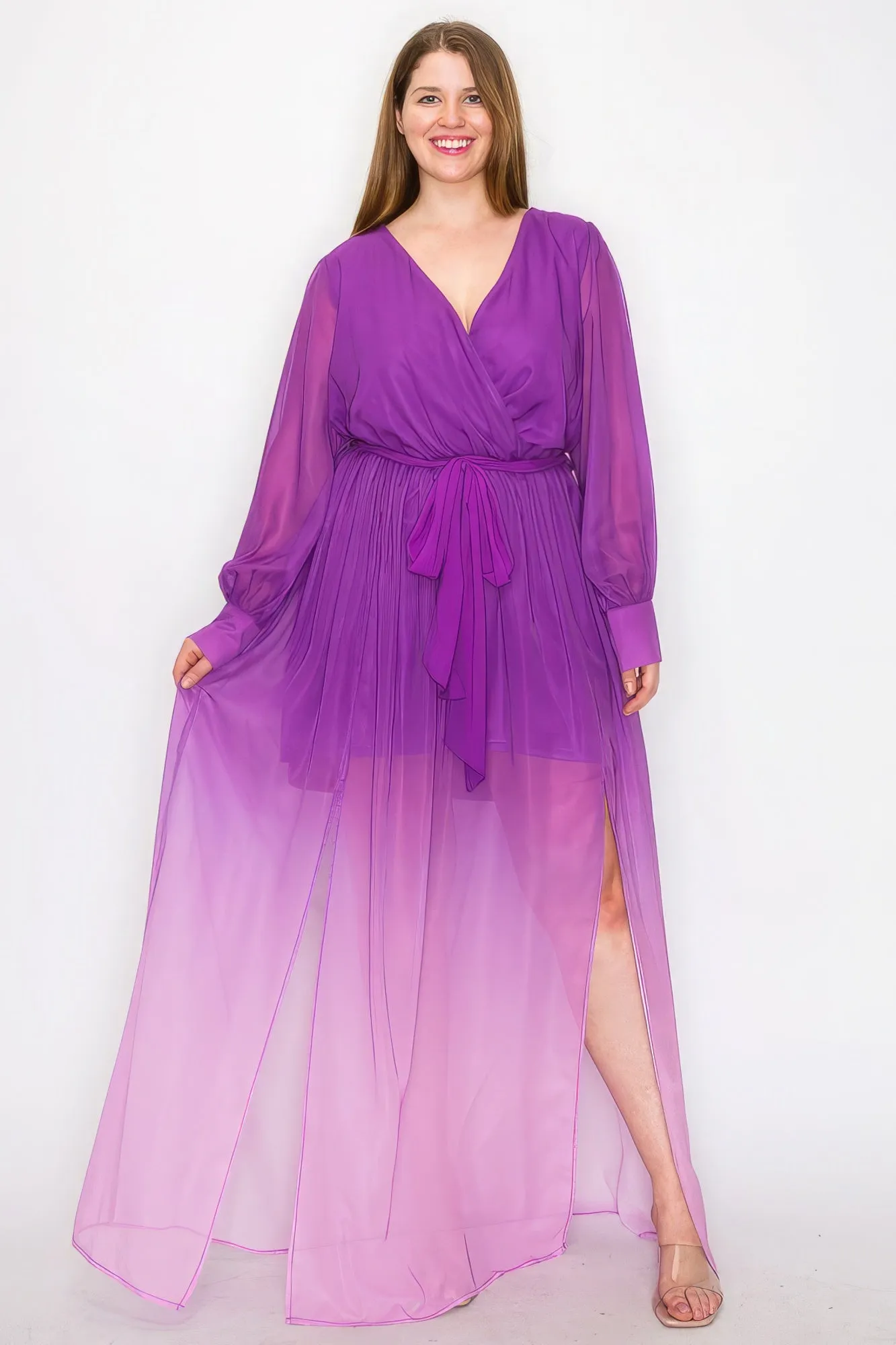 Ombre Chiffon Wrap Front Maxi Dress