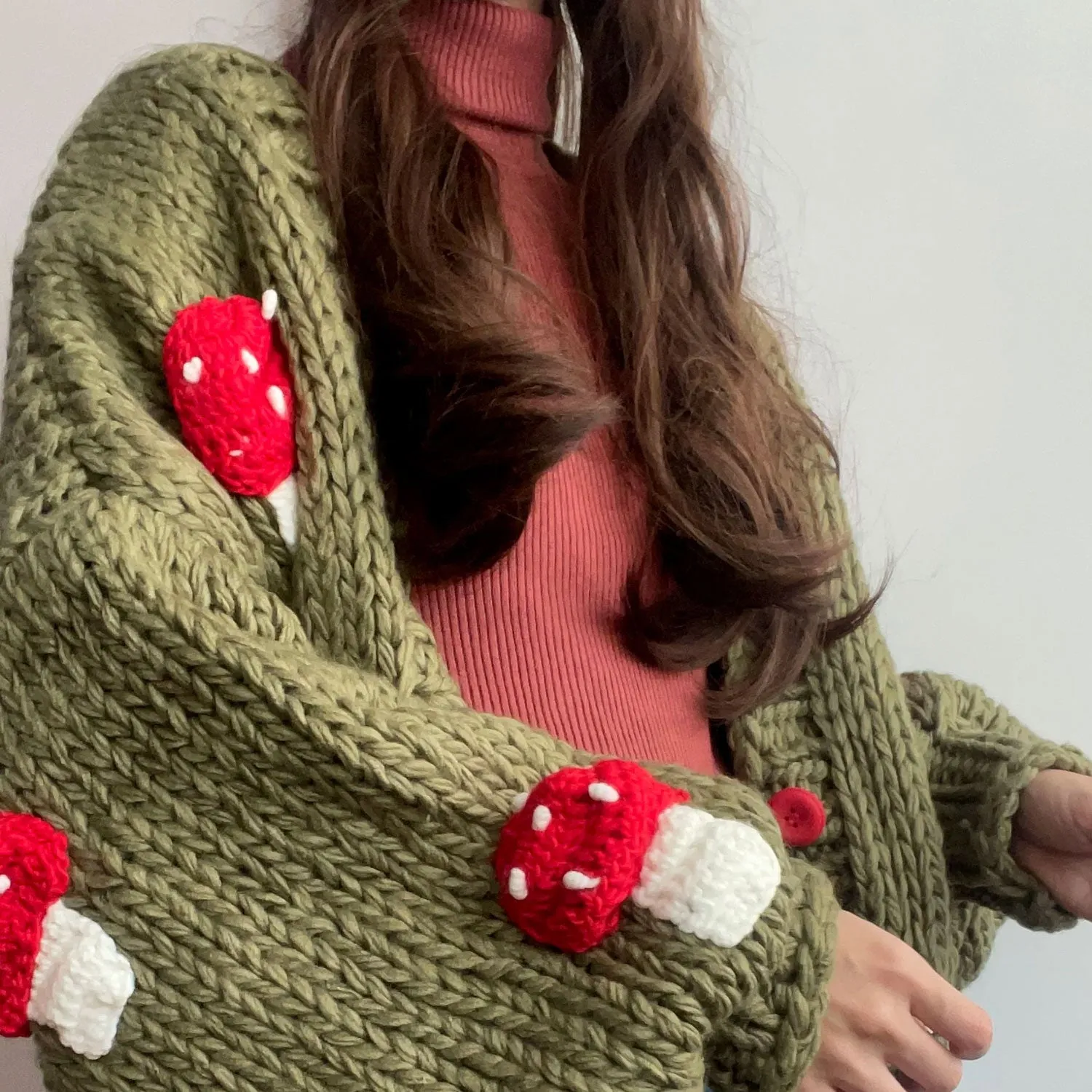 Oversized Mushroom Applique Button Front Chunky Hand Knit Cardigan