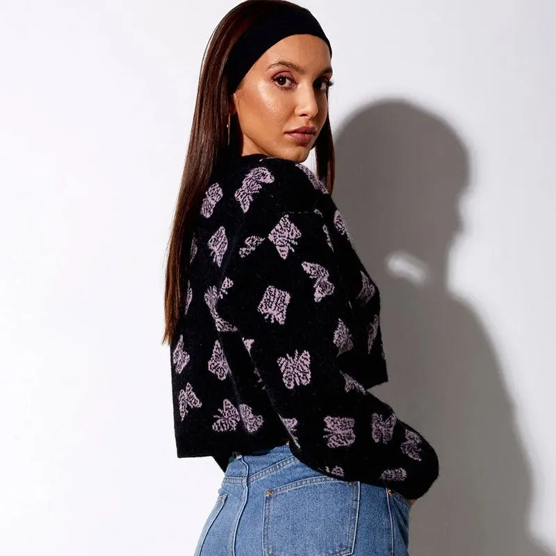 Pretty Butterfly Print V Neck Drop Shoulder Cropped Black Knit Cardigan