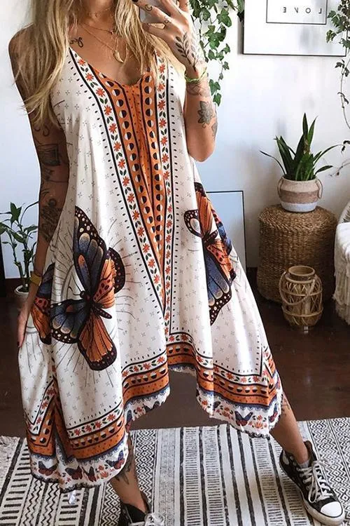 Print V Neck A Line Maxi Dress