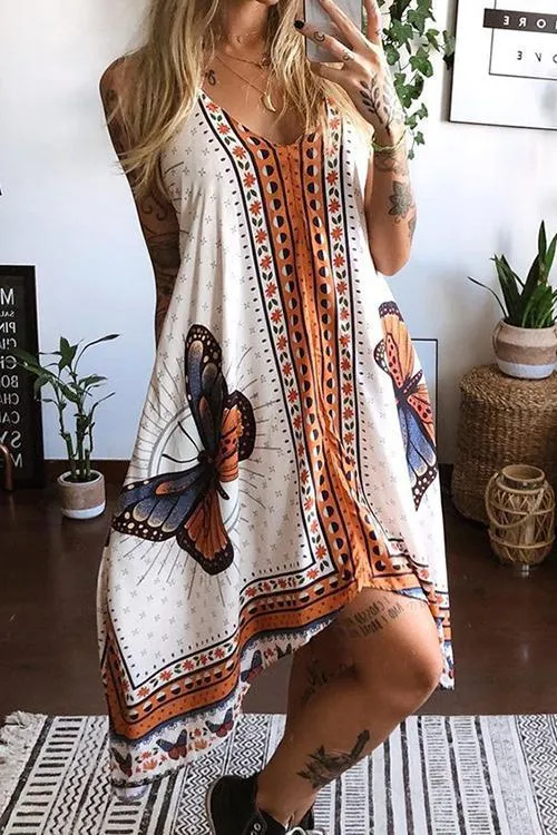 Print V Neck A Line Maxi Dress