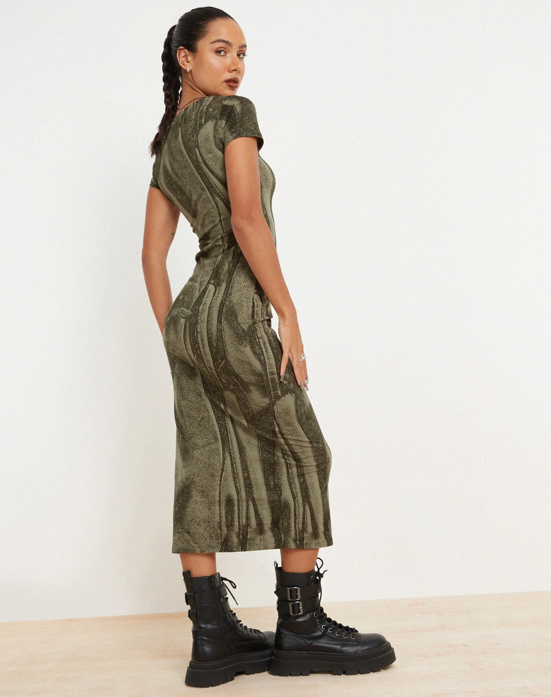 Rosika Midi Dress in Dystopian Crease Khaki