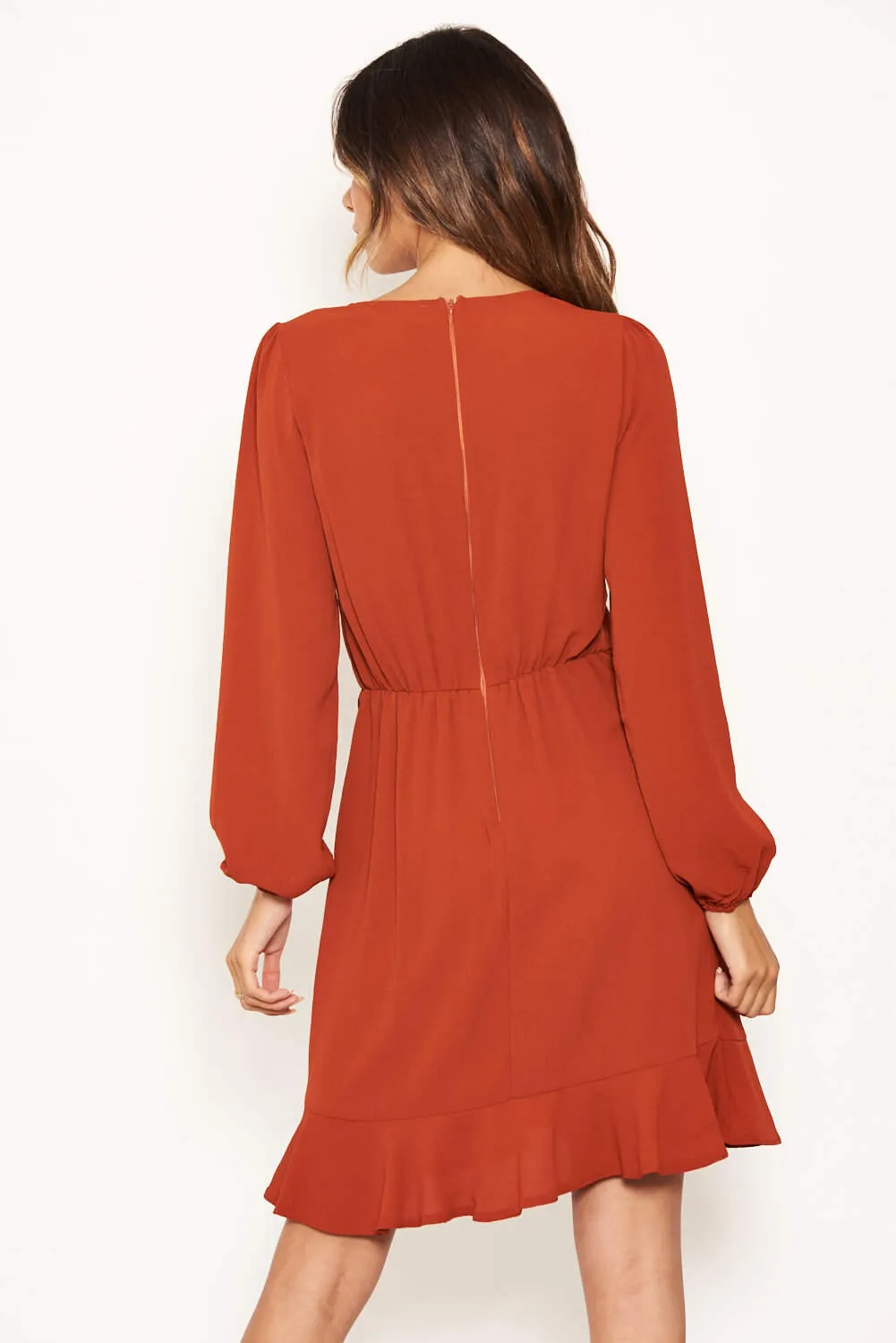 Rust Frill Wrap Long Sleeve Dress