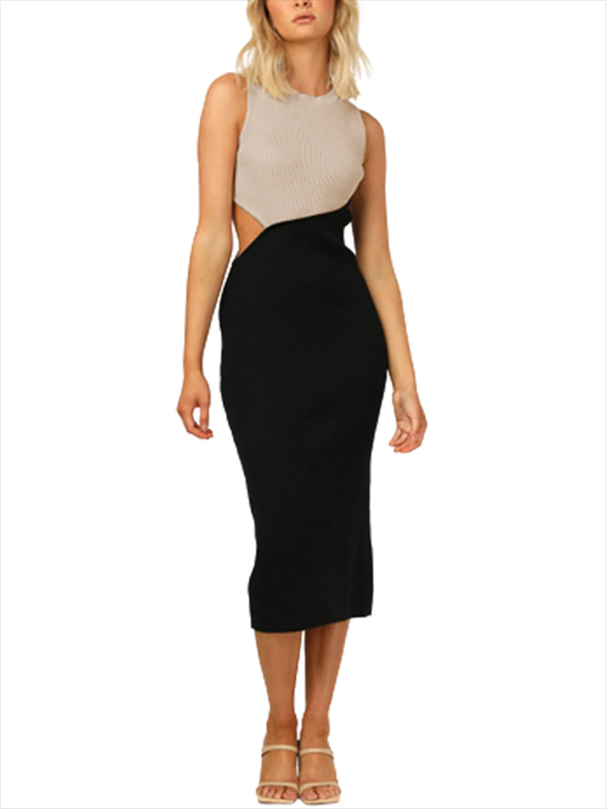 Sleeveless Color Block Bodycon Midi Dresses