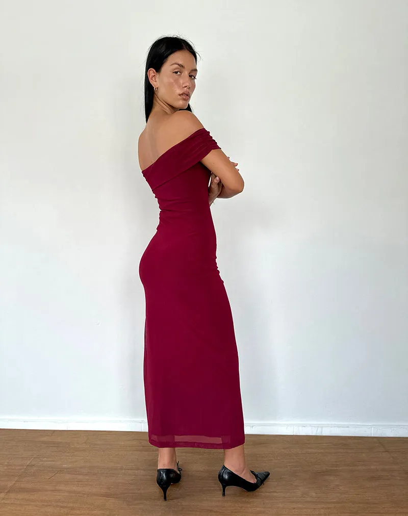 Tarna Bardot Maxi Dress in Mesh Burgundy