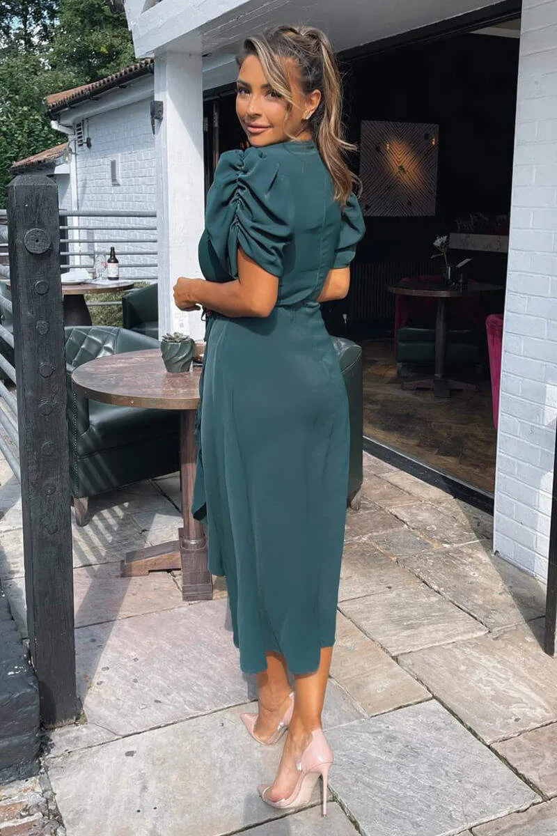 Teal Wrap Over Tie Midi Dress