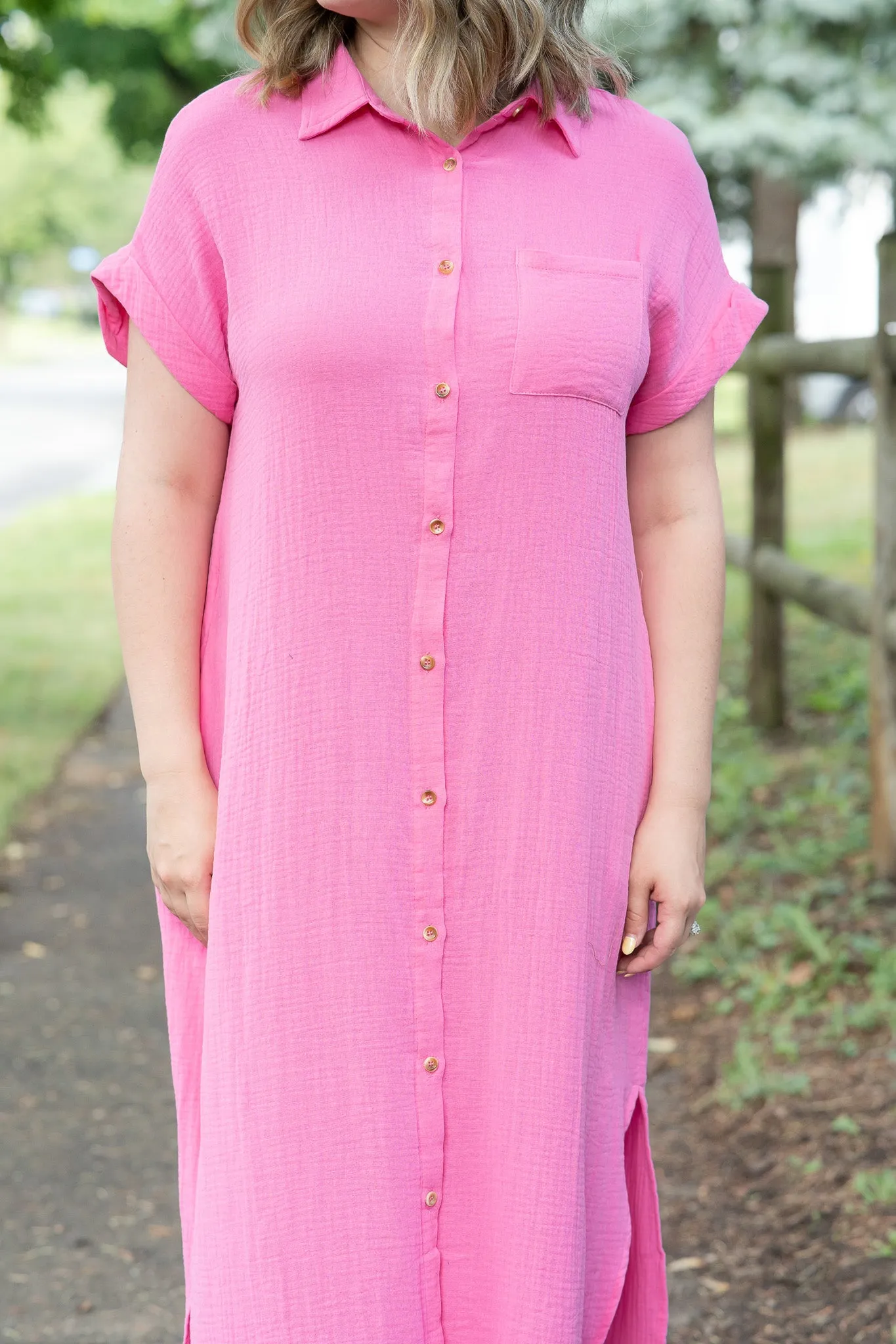 The Banks Button Up Shirt Dress in Fuschia