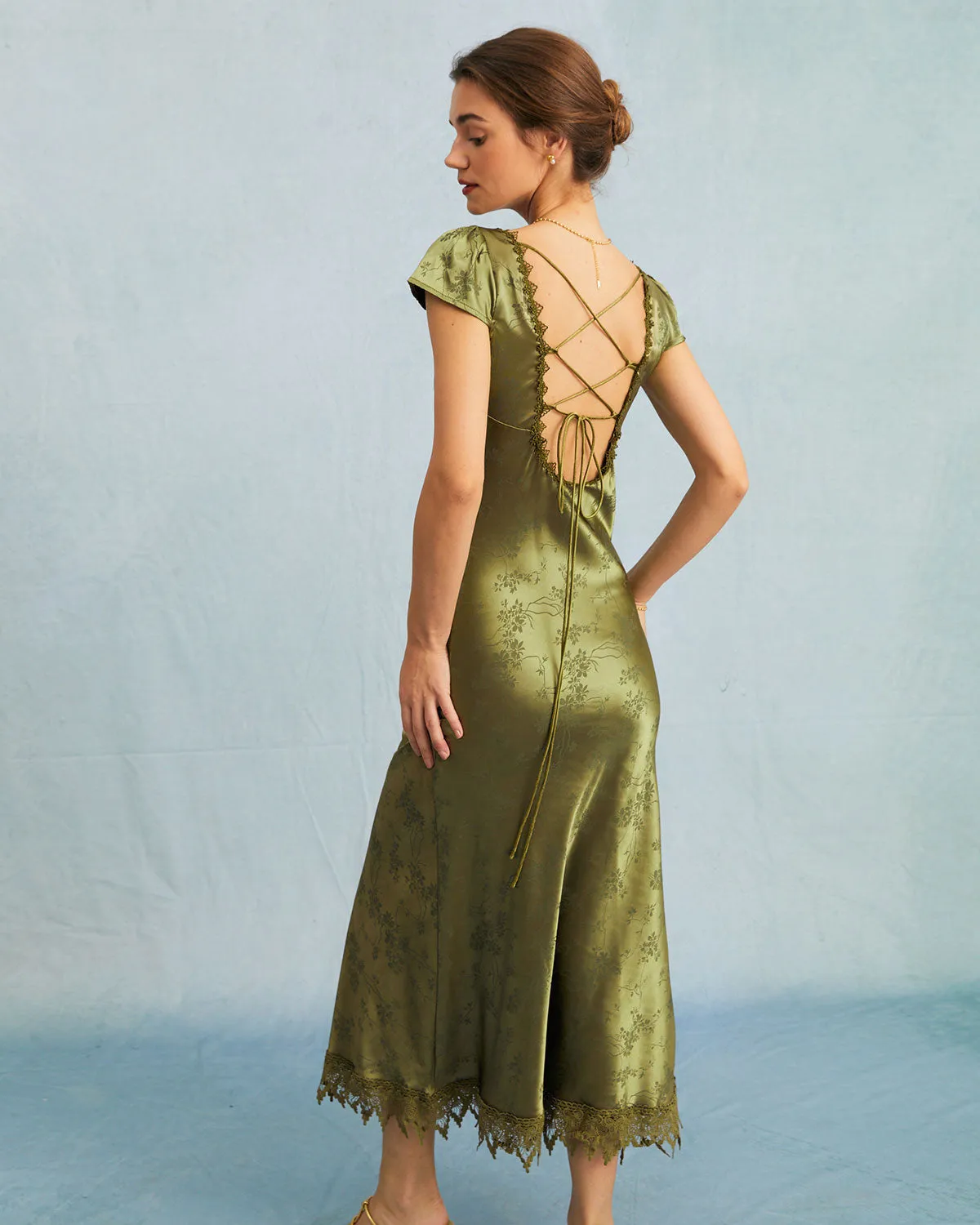 The Green Jacquard Cap Sleeve Satin Midi Dress