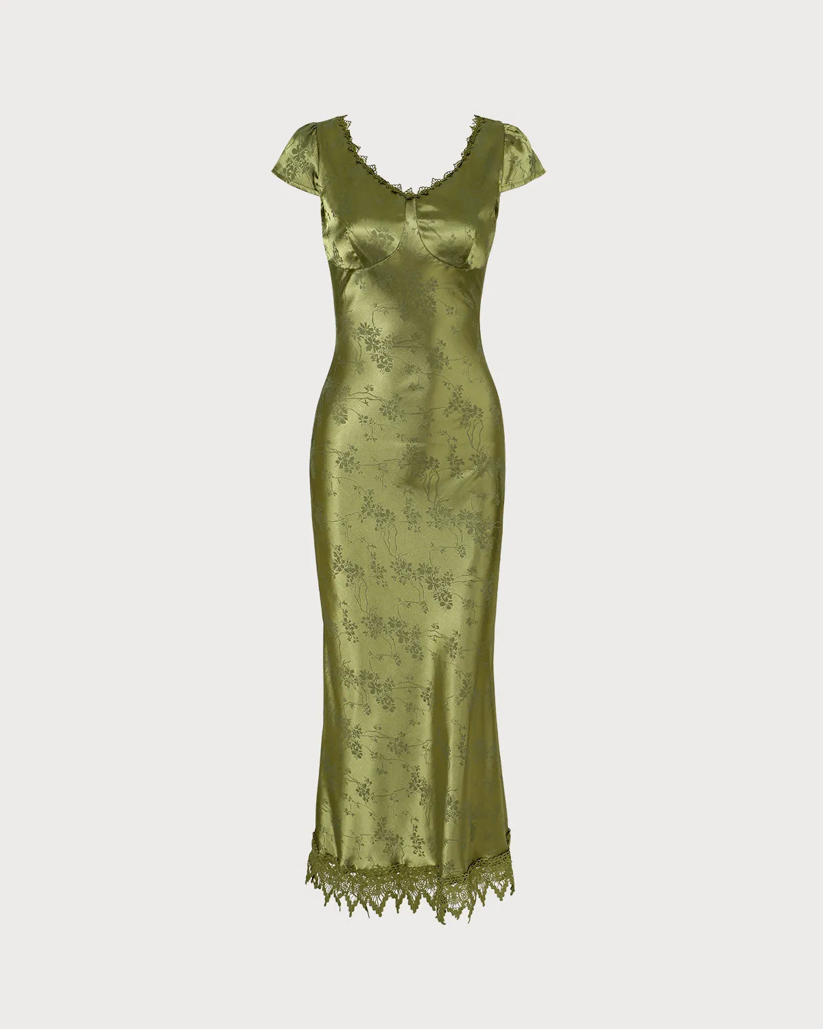 The Green Jacquard Cap Sleeve Satin Midi Dress