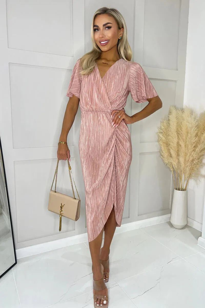 Thea Champagne Plisse Style Wrap Top Midi Dress