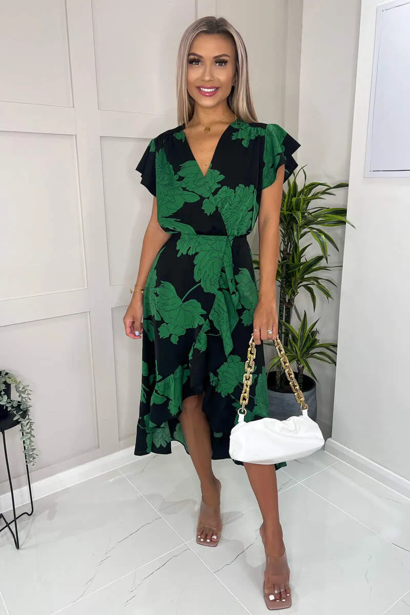 Tina Black and Green Floral Print Wrap Midi Dress