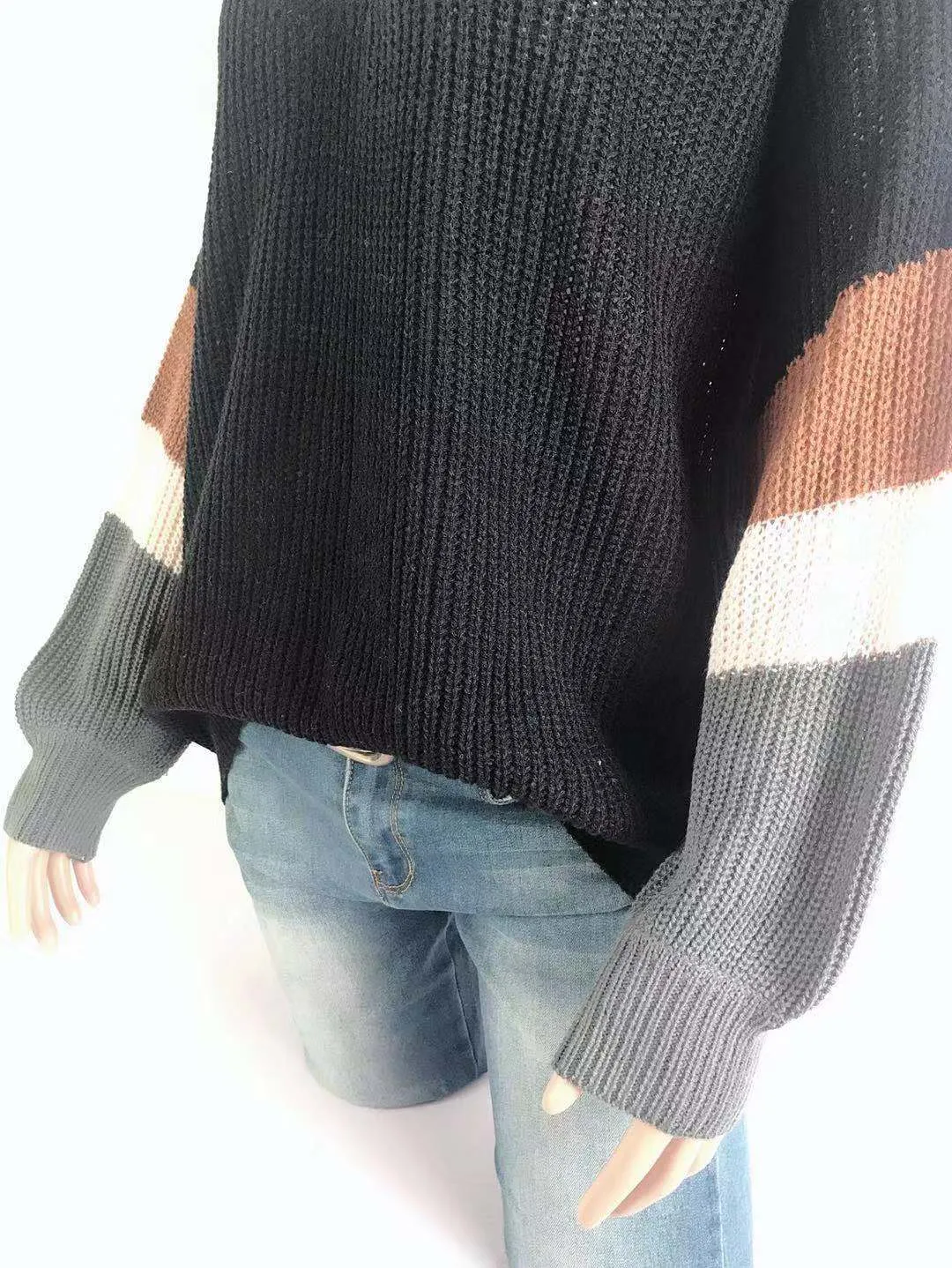 V-neck Lantern Sleeve Stripe Colorblock Sweater