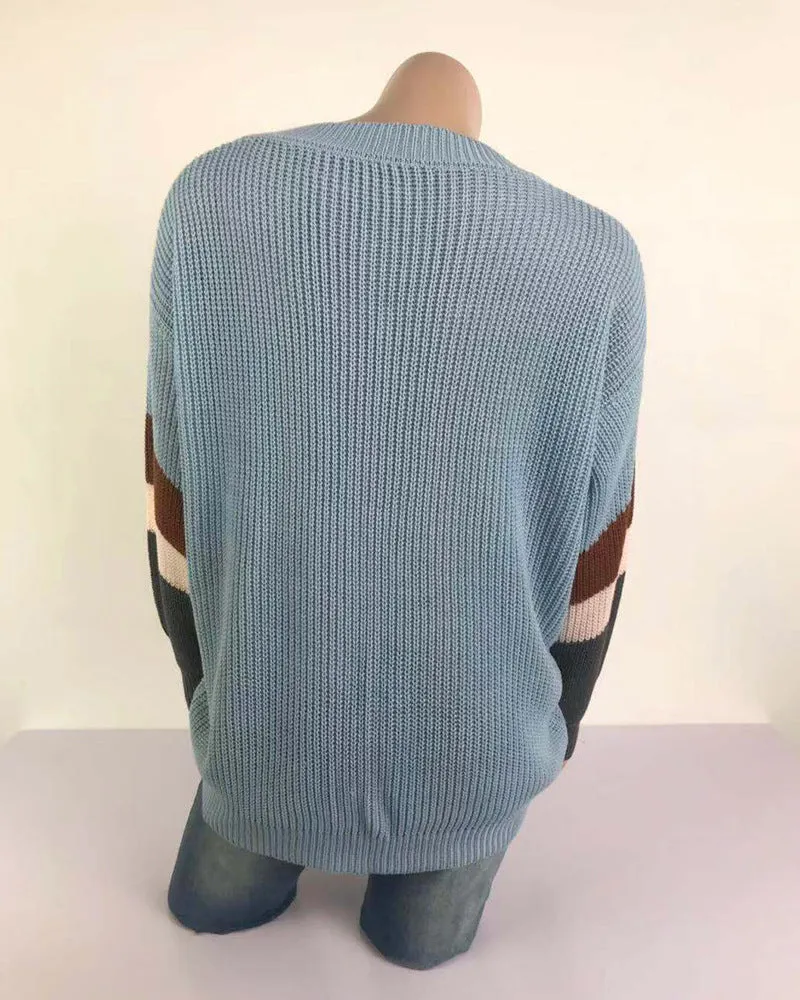 V-neck Lantern Sleeve Stripe Colorblock Sweater