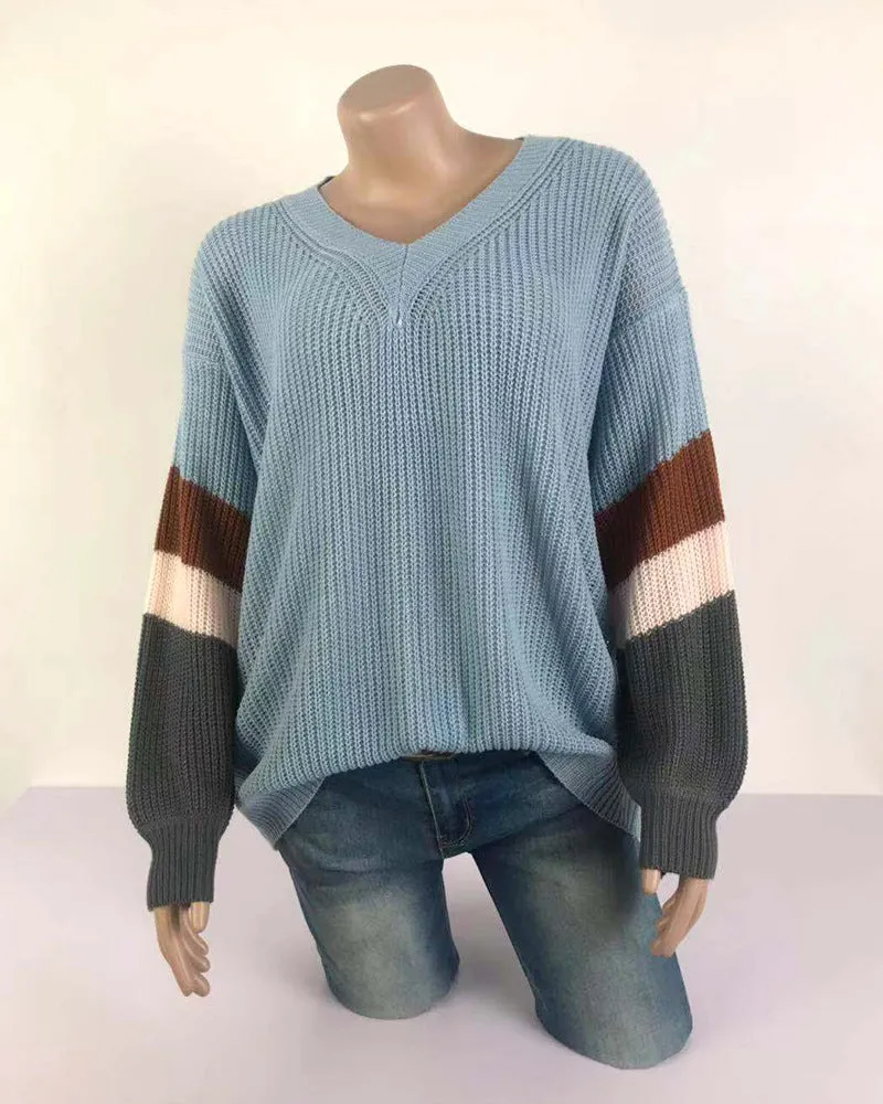 V-neck Lantern Sleeve Stripe Colorblock Sweater