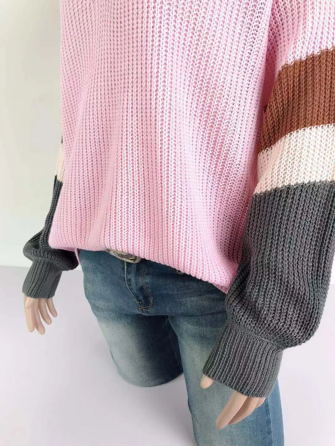 V-neck Lantern Sleeve Stripe Colorblock Sweater