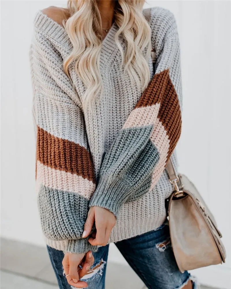 V-neck Lantern Sleeve Stripe Colorblock Sweater