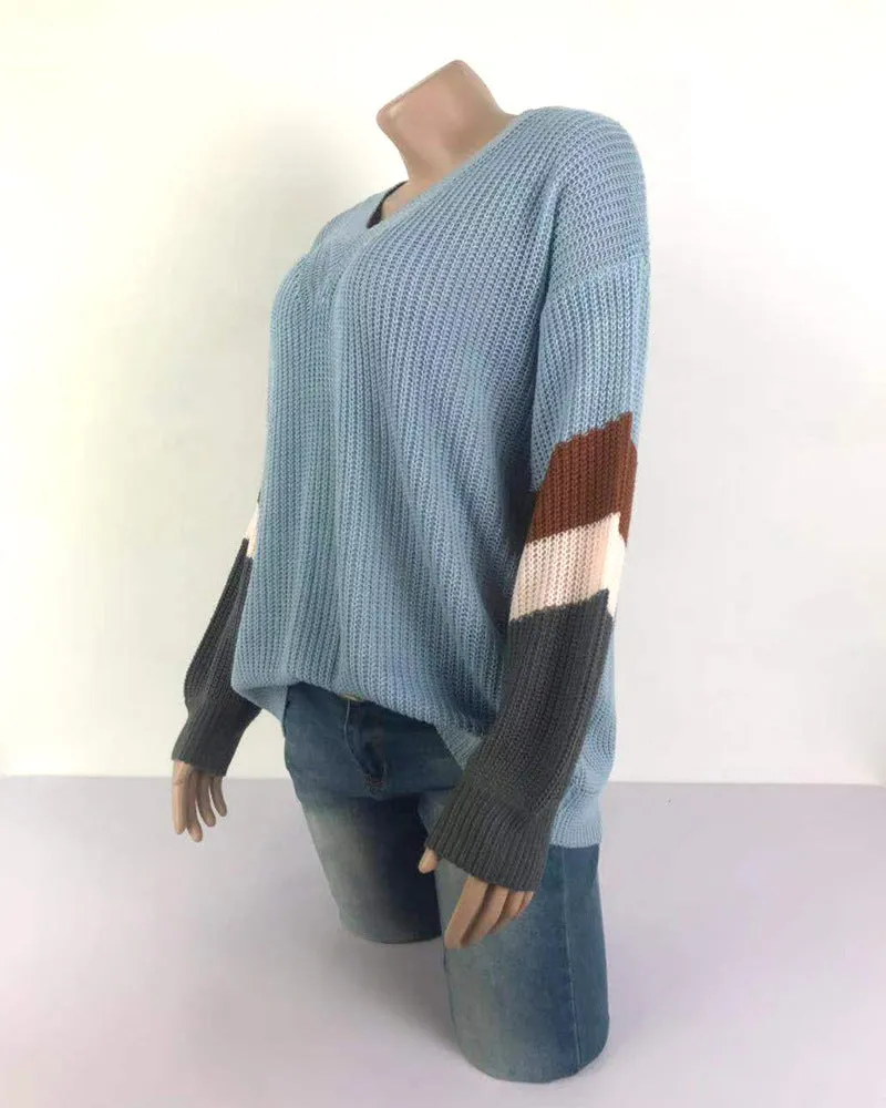 V-neck Lantern Sleeve Stripe Colorblock Sweater