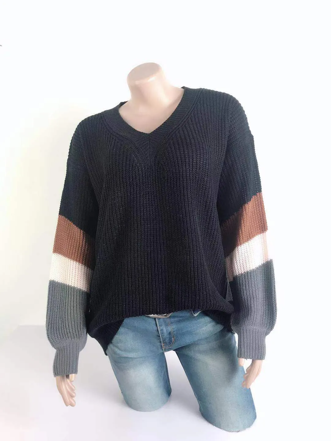 V-neck Lantern Sleeve Stripe Colorblock Sweater